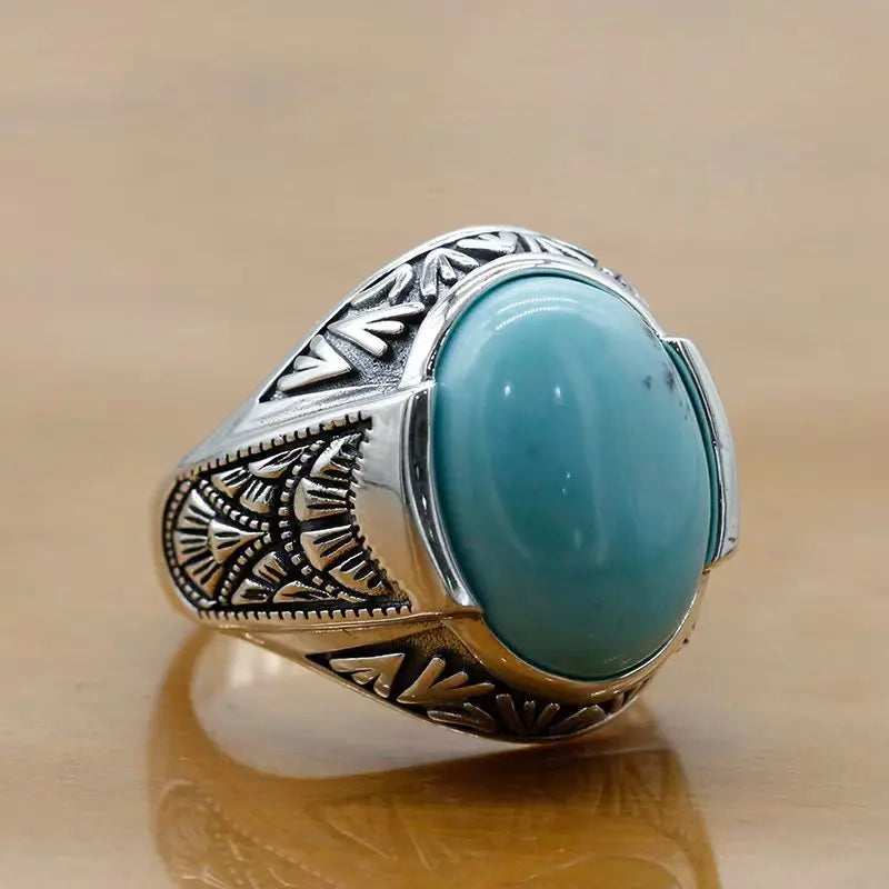 S925 Sterling Silver Inlaid Oval Turquoise Stone Men's Ring Turkish Jewelry Everyday Wear Holiday Gift
